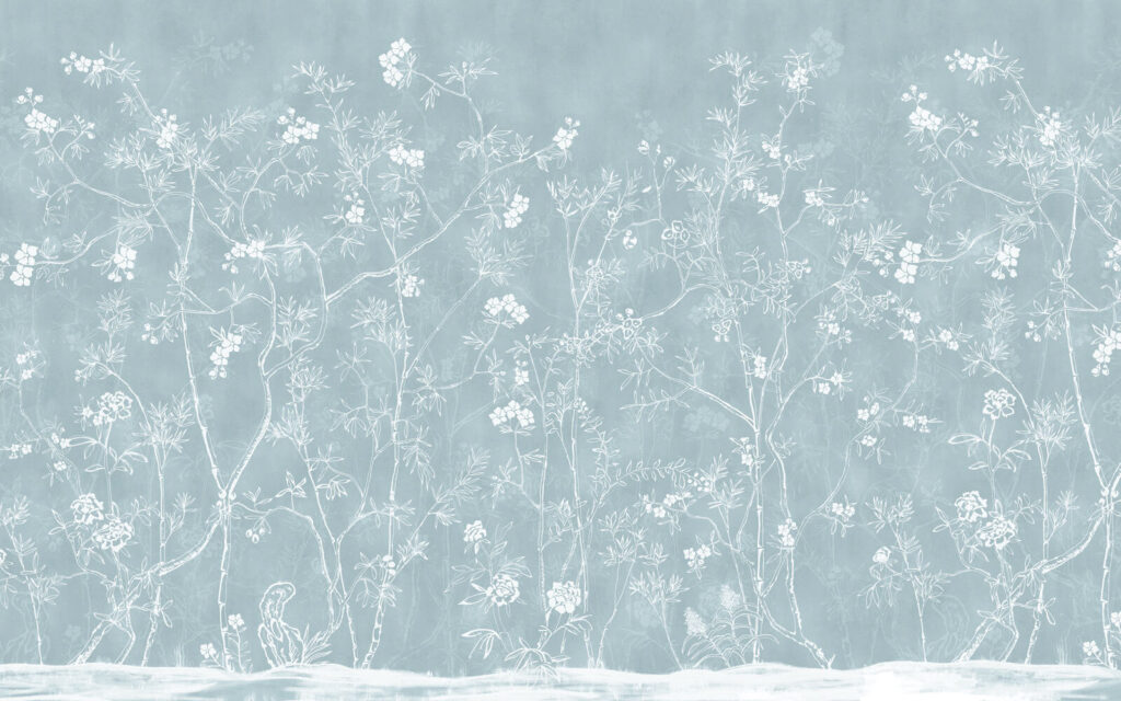 Flores finas sobre azul — diseño completo