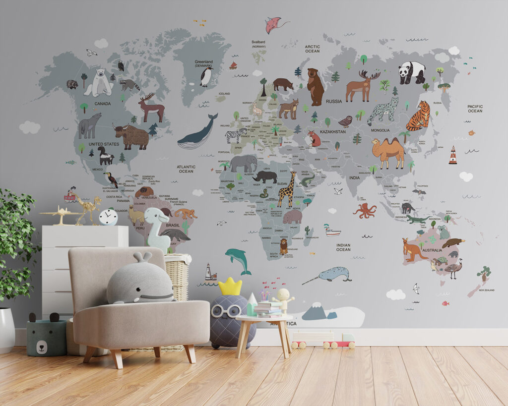 Mapa ilustrado sobre gris en un interior