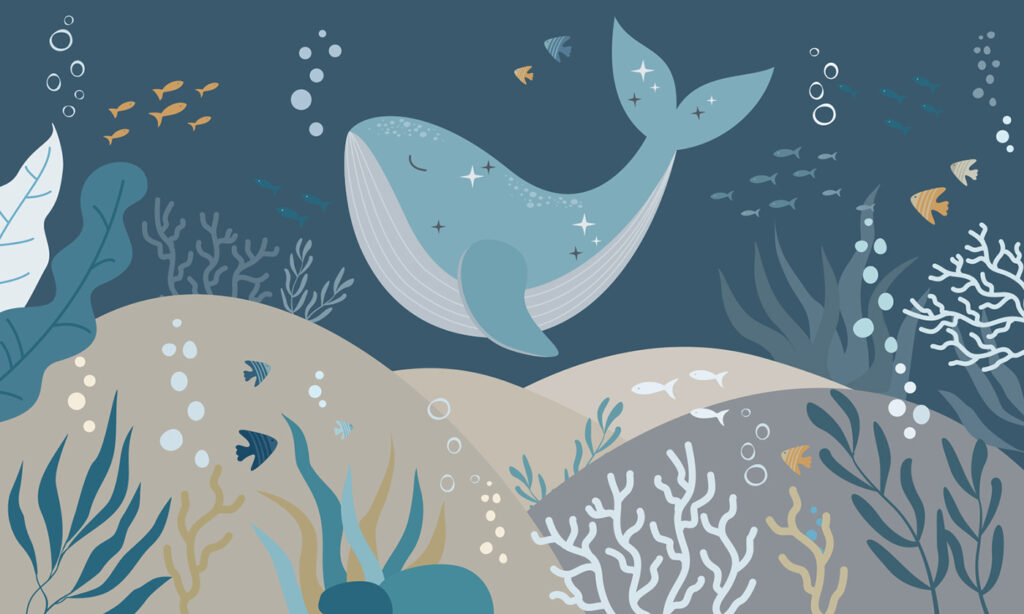Ballena sobre fondo marino — diseño completo