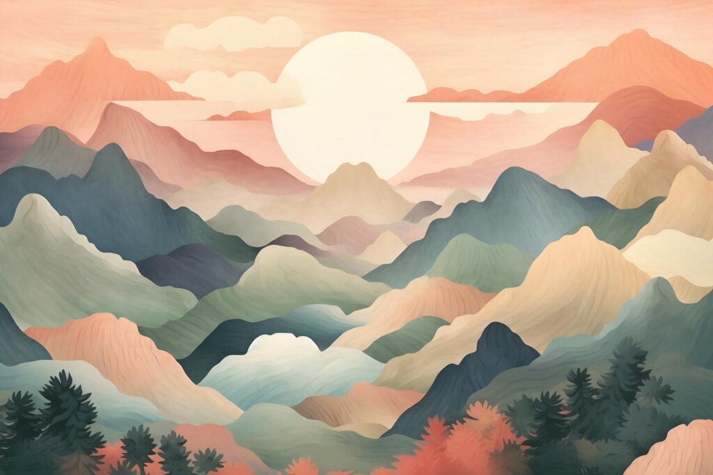 Sol entre montañas coloridas — diseño completo