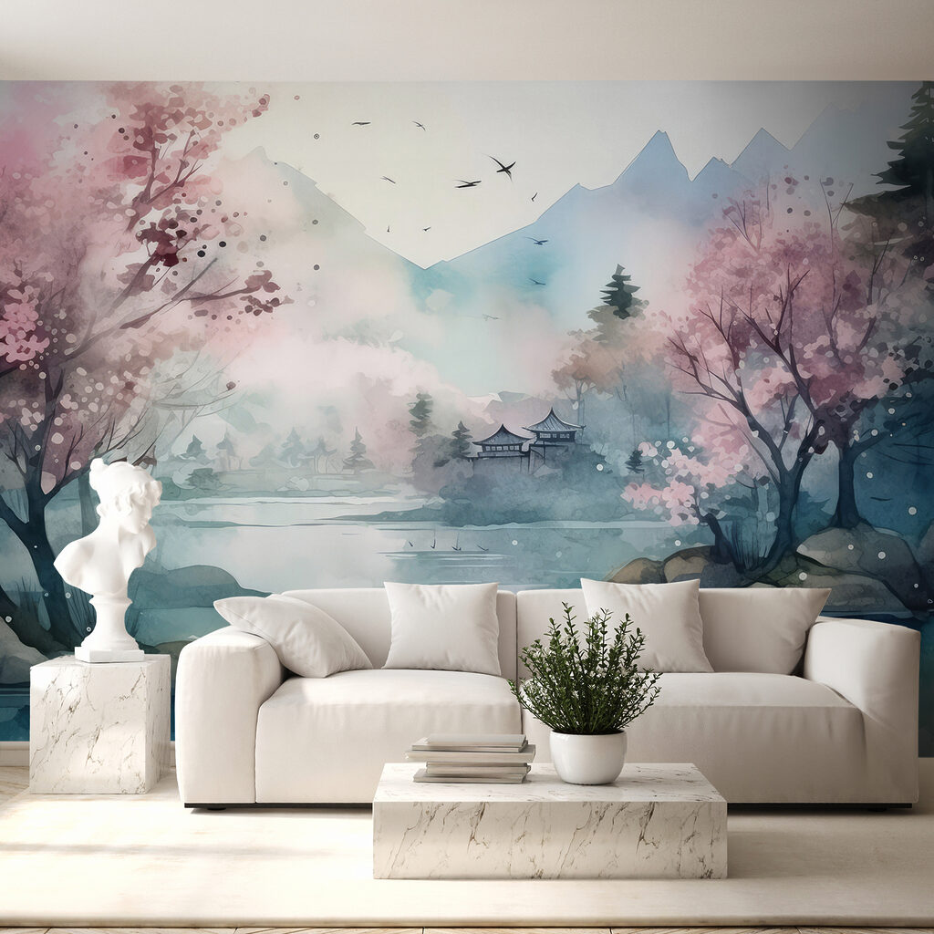 Árboles en flor reflejados — interior 4