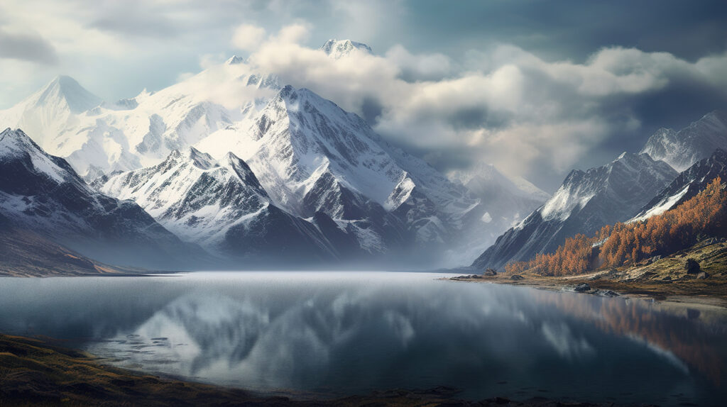 Cumbres nevadas y lago — diseño completo