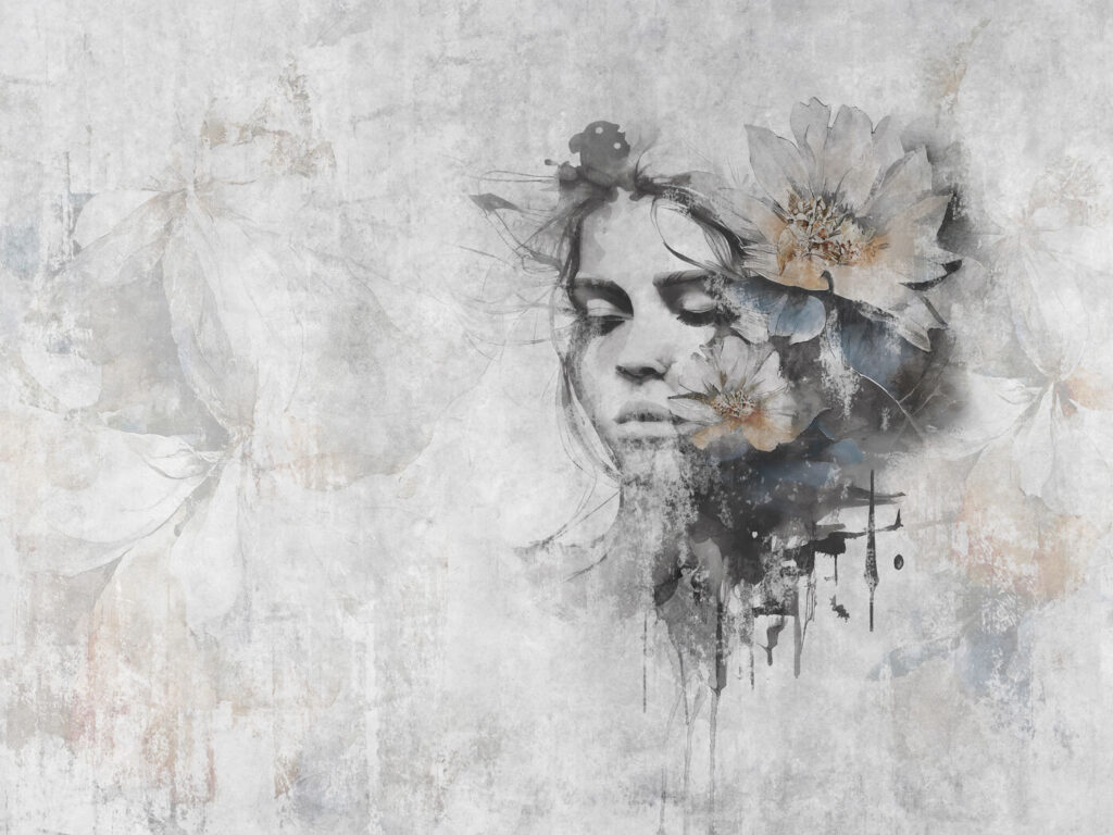 Rostro entre pinceladas grises — diseño completo