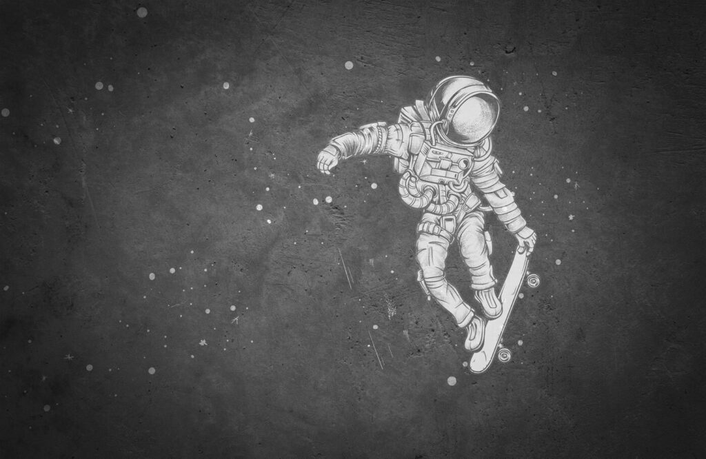 Astronauta en monopatín — diseño completo