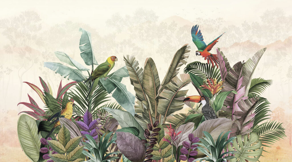 Loros sobre jungla pastel — diseño completo