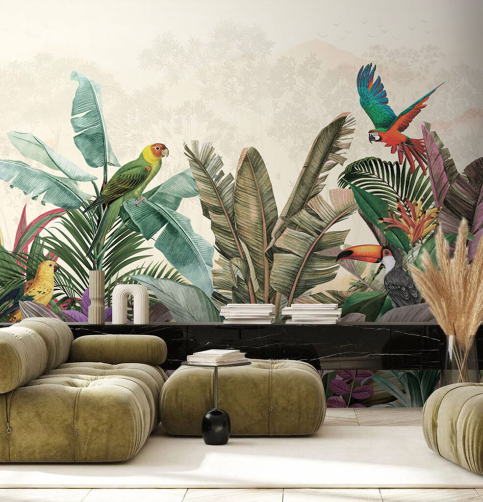 Loros sobre jungla pastel — interior 1