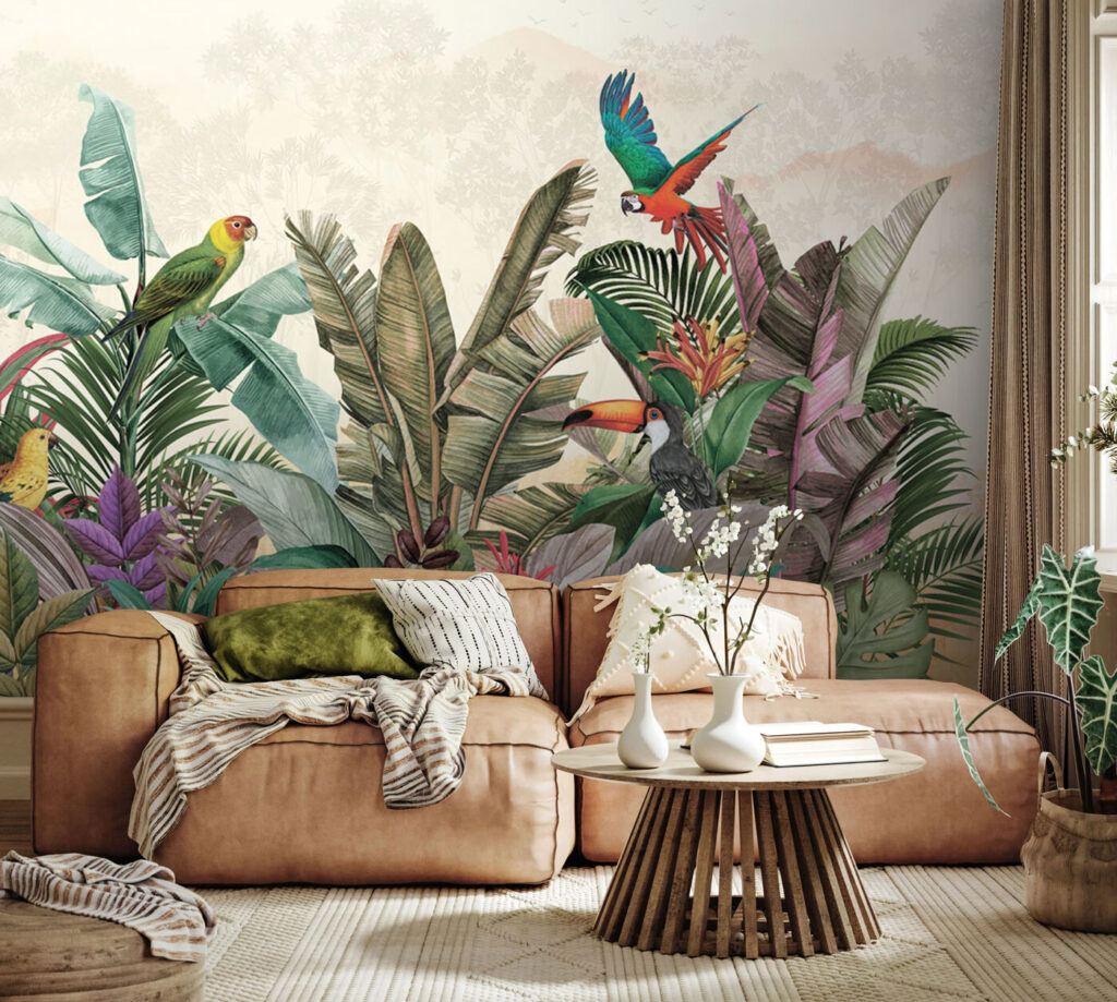 Loros sobre jungla pastel — interior 2