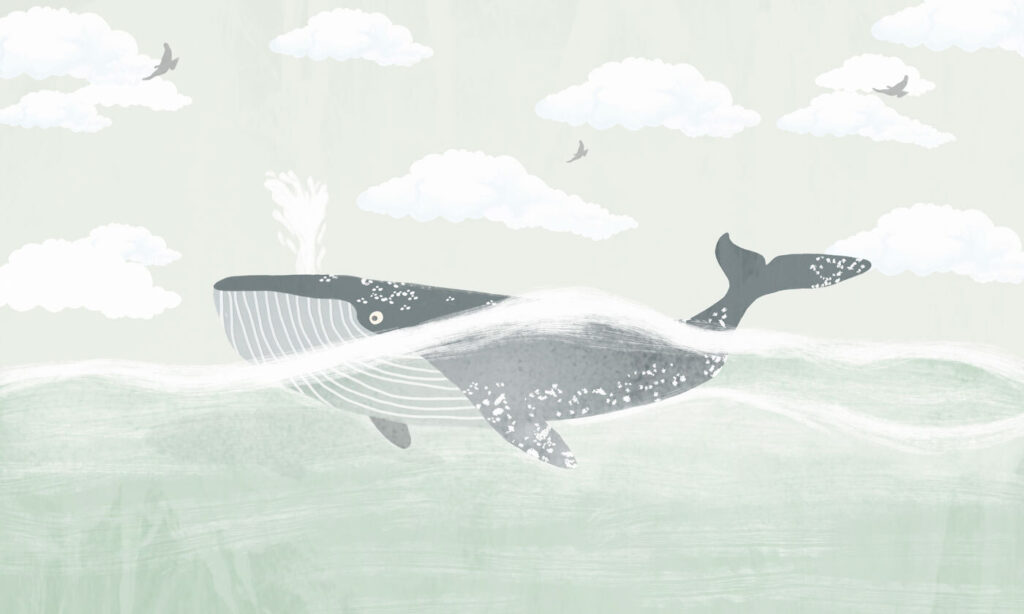 Ballena bajo nubes dibujadas — diseño completo
