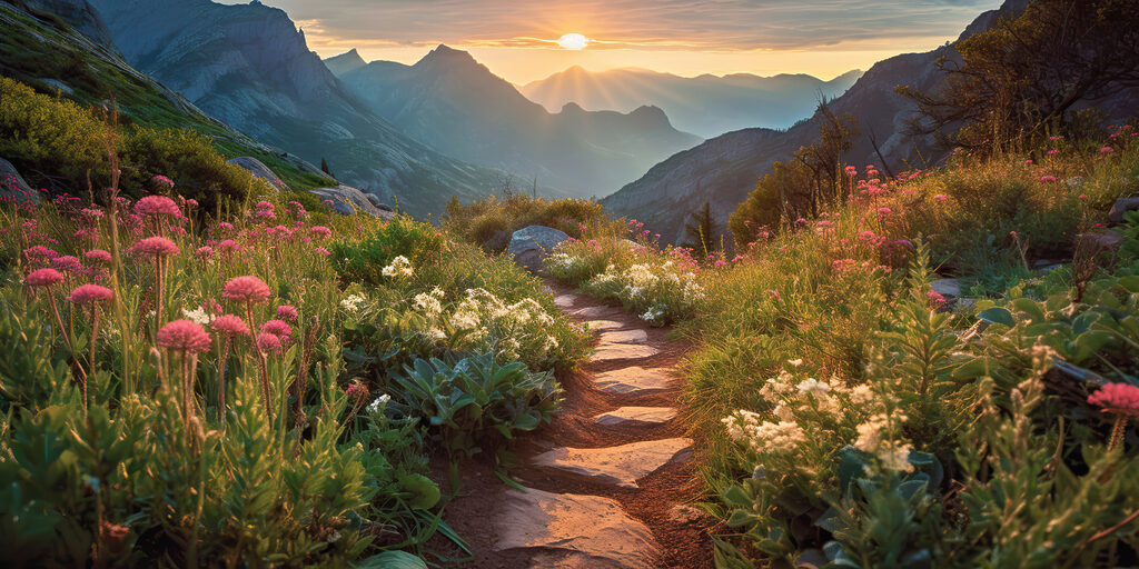 Sendero dorado al atardecer — diseño completo