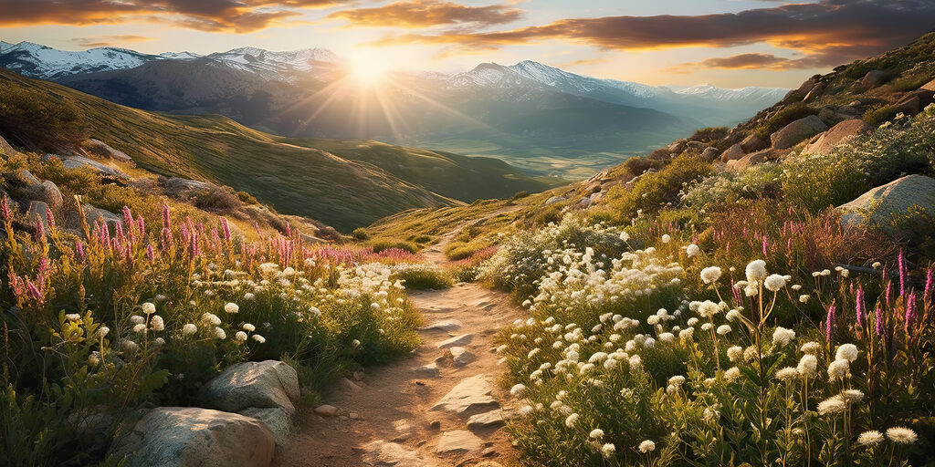 Sendero rocoso al sol — diseño completo