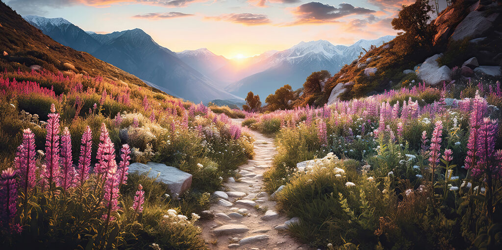Sendero entre flores altas — diseño completo