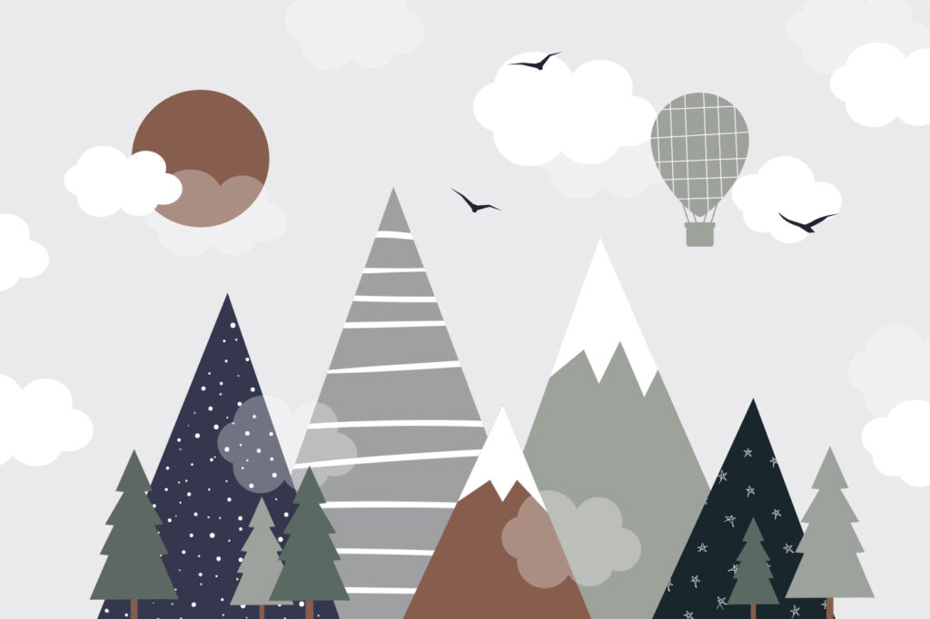Globo sobre picos geométricos — diseño completo
