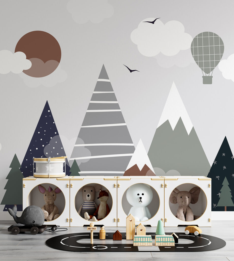 Globo sobre picos geométricos — interior 4