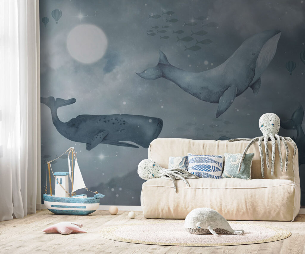 Ballenas bajo la luna en un interior