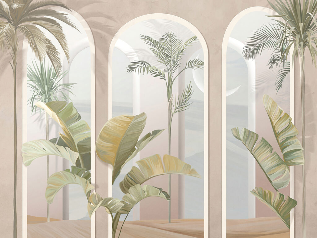 Palmeras entre arcos rosas — diseño completo