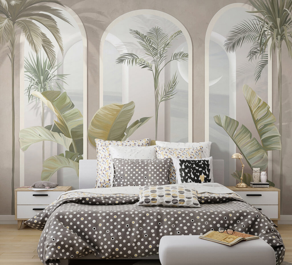 Palmeras entre arcos rosas — interior 2
