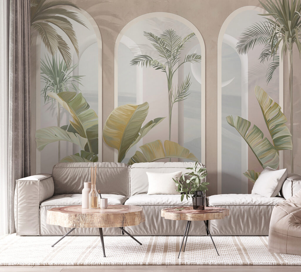 Palmeras entre arcos rosas — interior 3