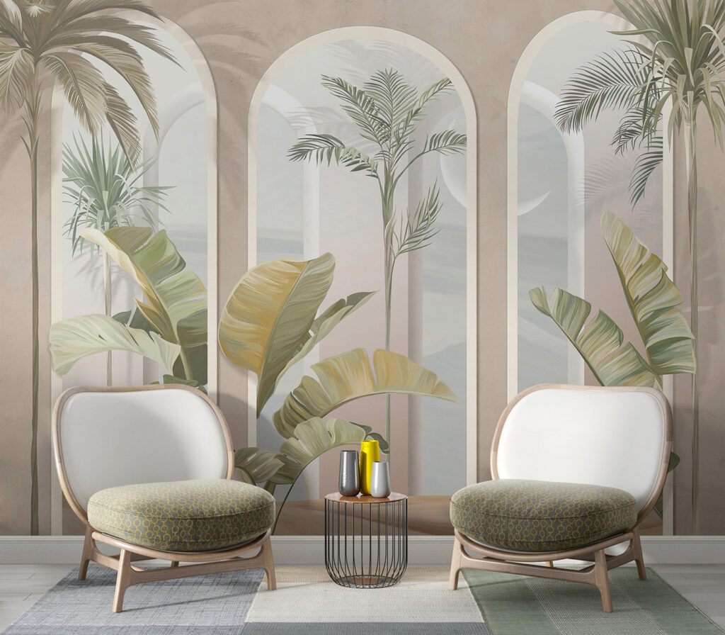 Palmeras entre arcos rosas — interior 4