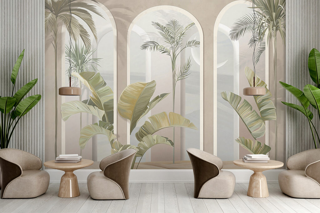 Palmeras entre arcos rosas — interior 8