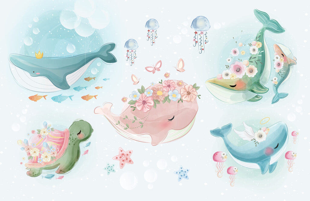 Ballenas con guirnaldas — diseño completo