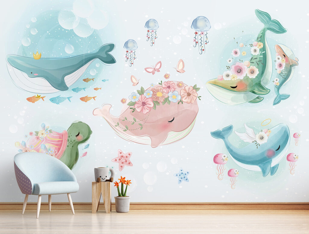 Ballenas con guirnaldas en un interior
