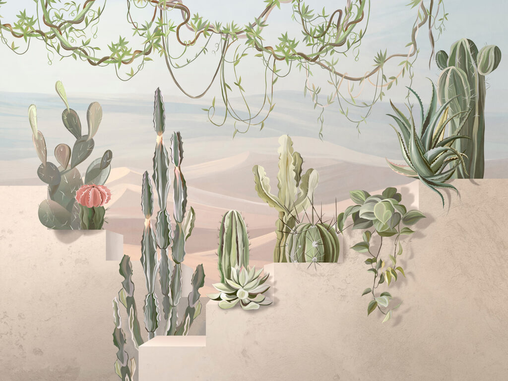 Cactus junto a dunas — diseño completo