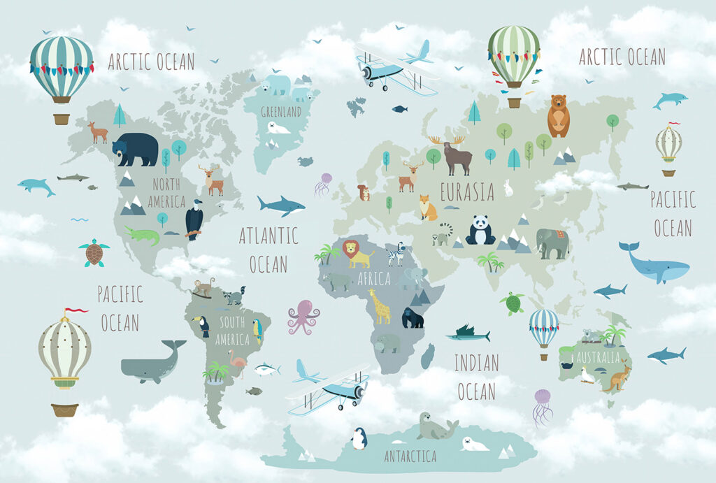 Mapa animal con globos — diseño completo