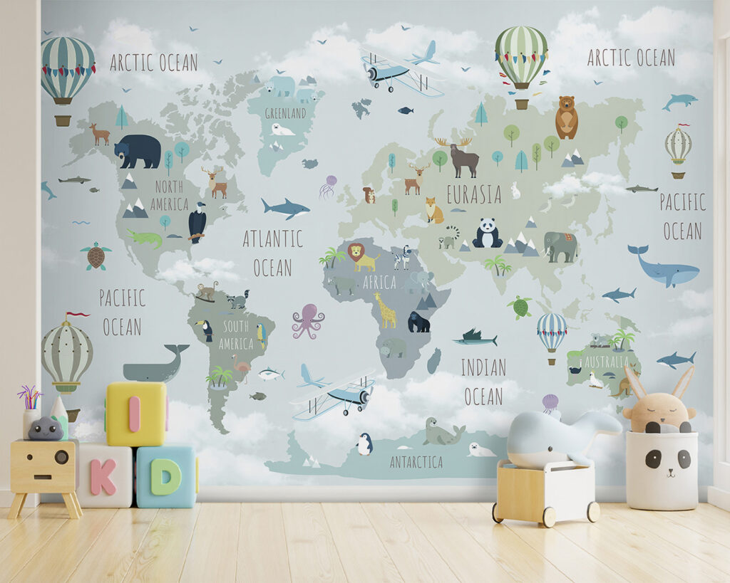 Mapa animal con globos en un interior