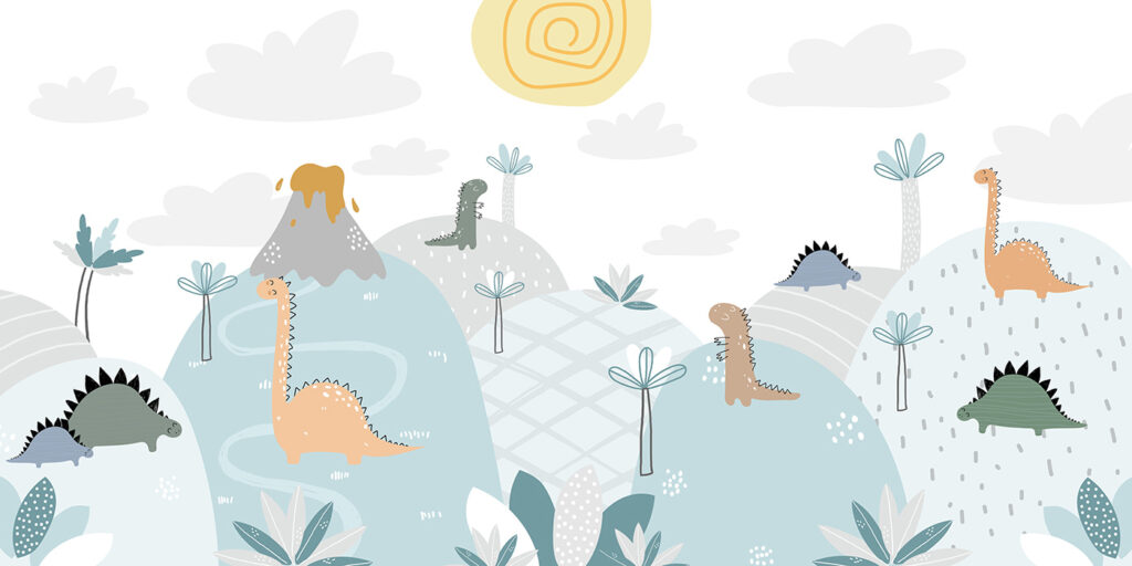 Dinosaurios entre volcanes pastel — diseño completo