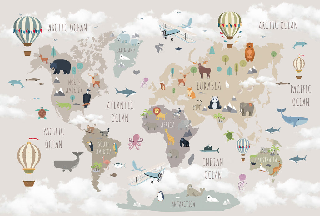 Mapa animal y globos — diseño completo