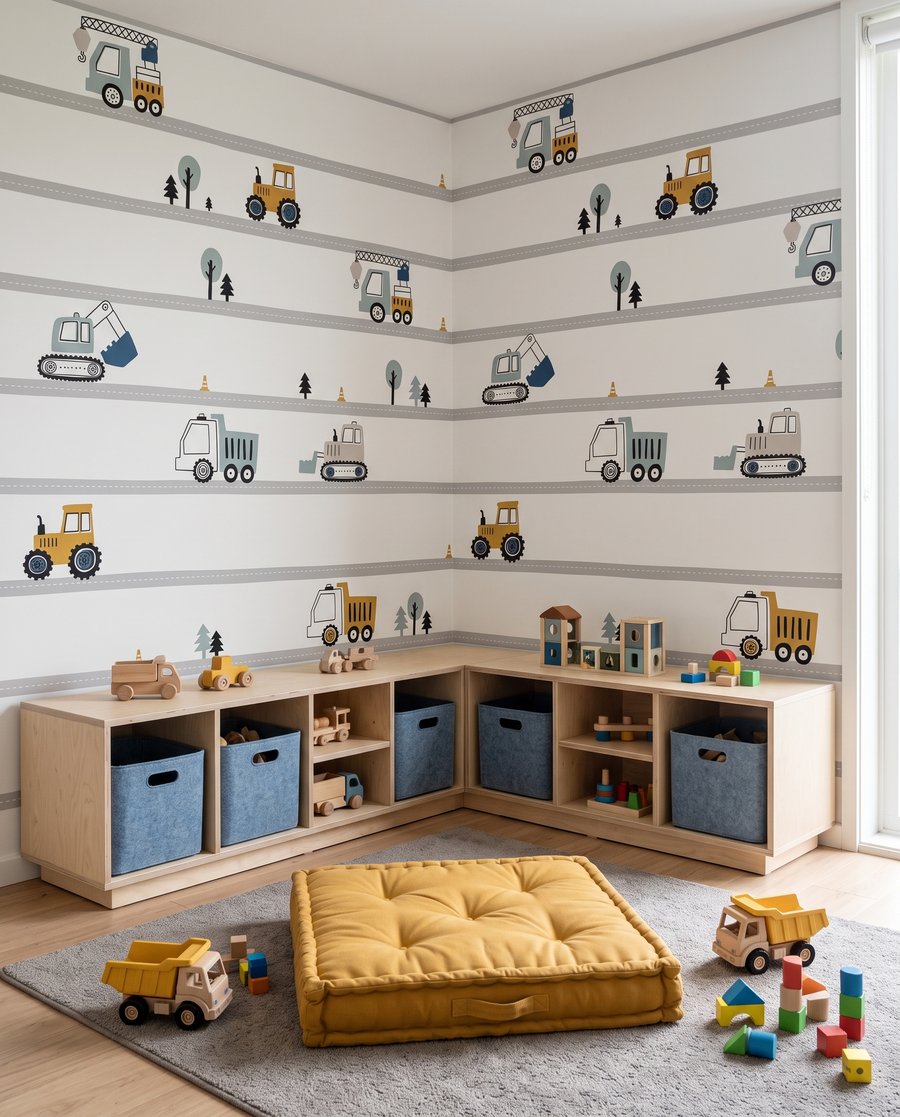 Vehículos de obra en un interior