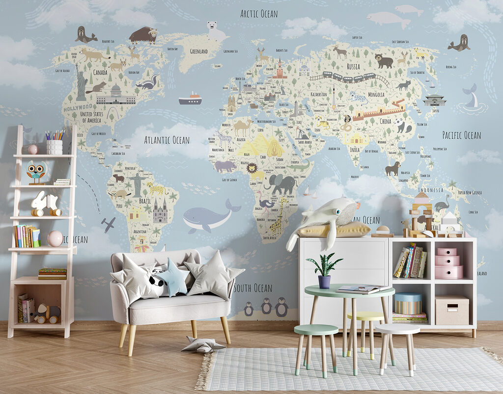 Mapa azul con nubes en un interior