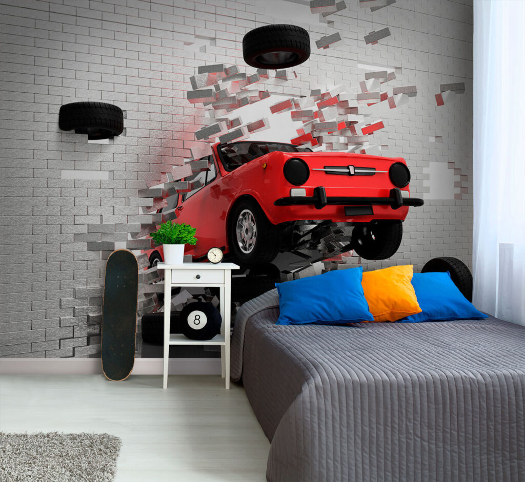 Coche rojo que emerge en un interior