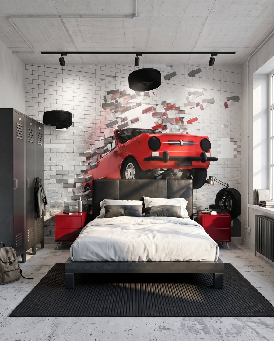 Coche rojo que emerge en un interior