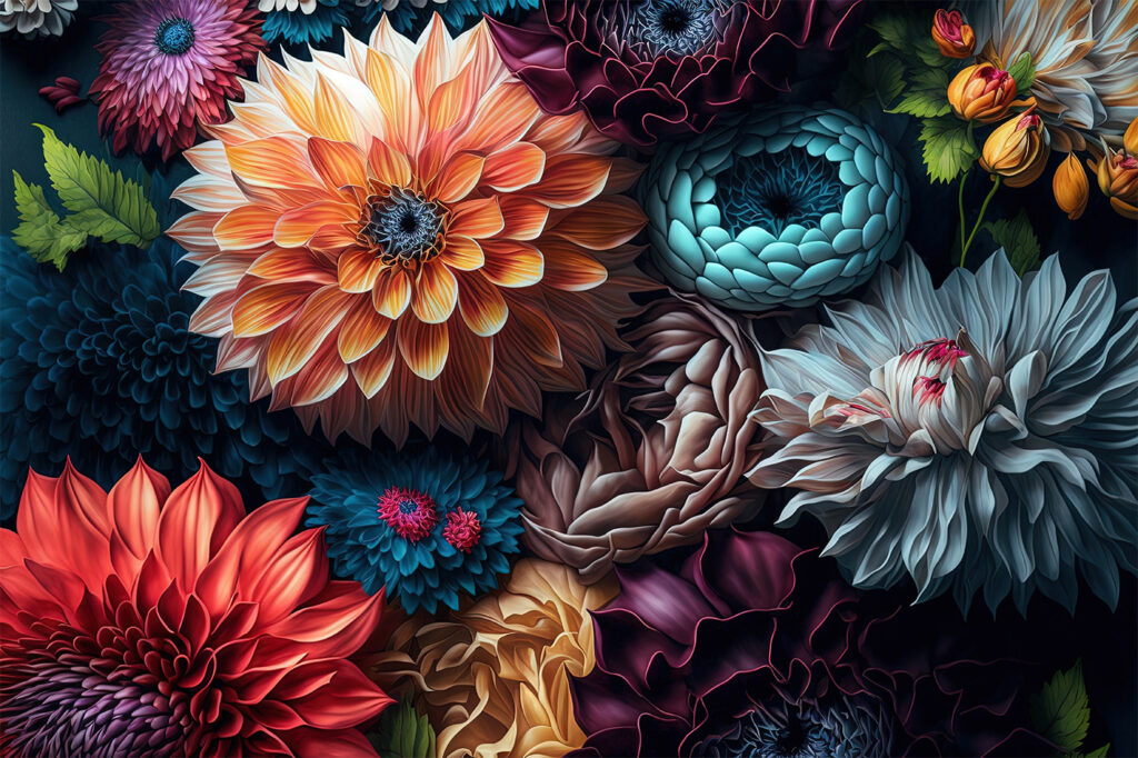 Dalias en sombra colorida — diseño completo