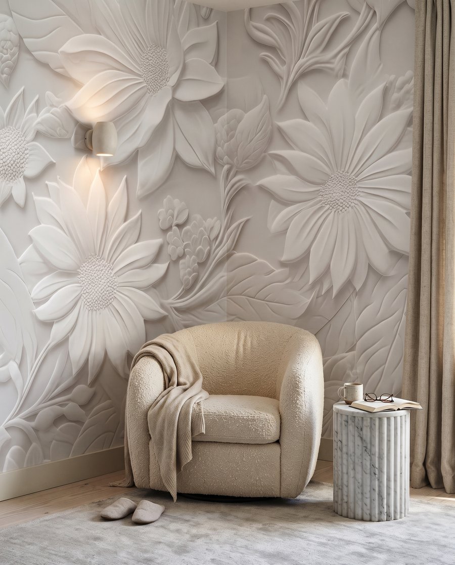 Flores escultóricas en blanco en un interior