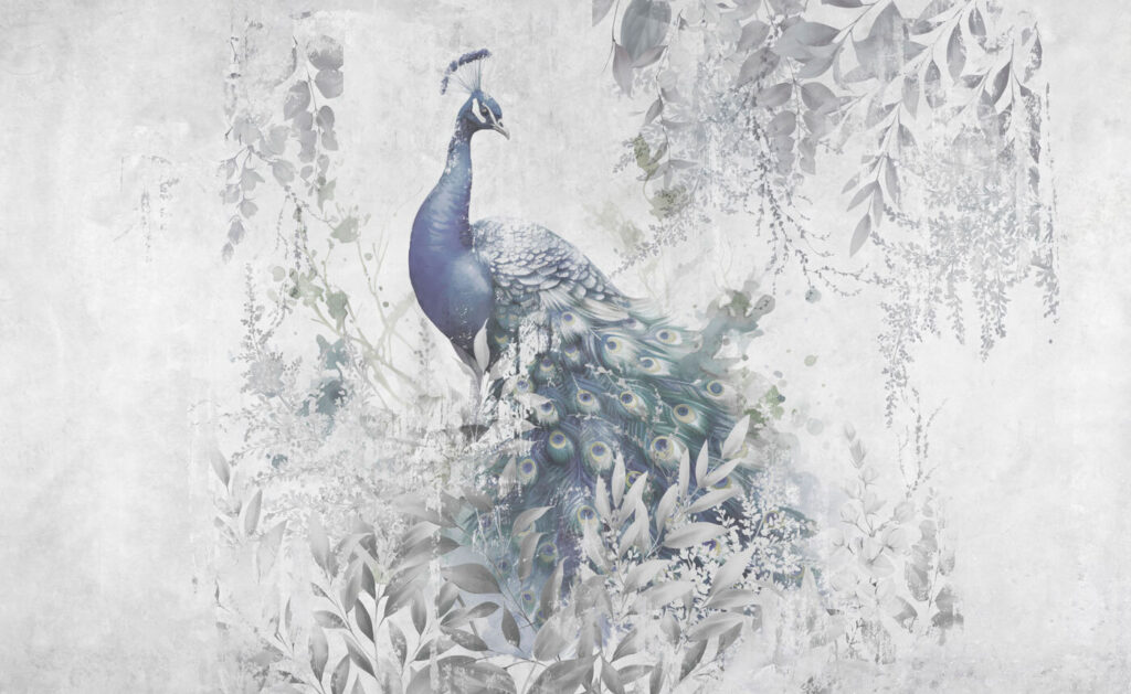 Pavo real en bruma — diseño completo