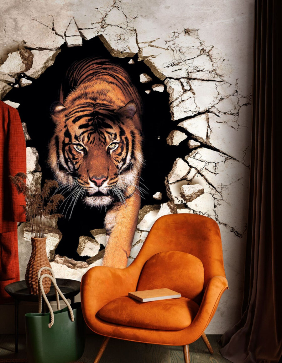Tigre saliendo del muro en un interior