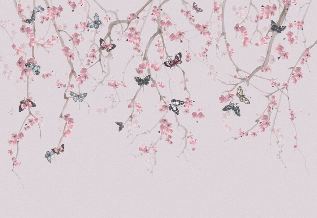 Mariposas bajo flores rosas — diseño completo