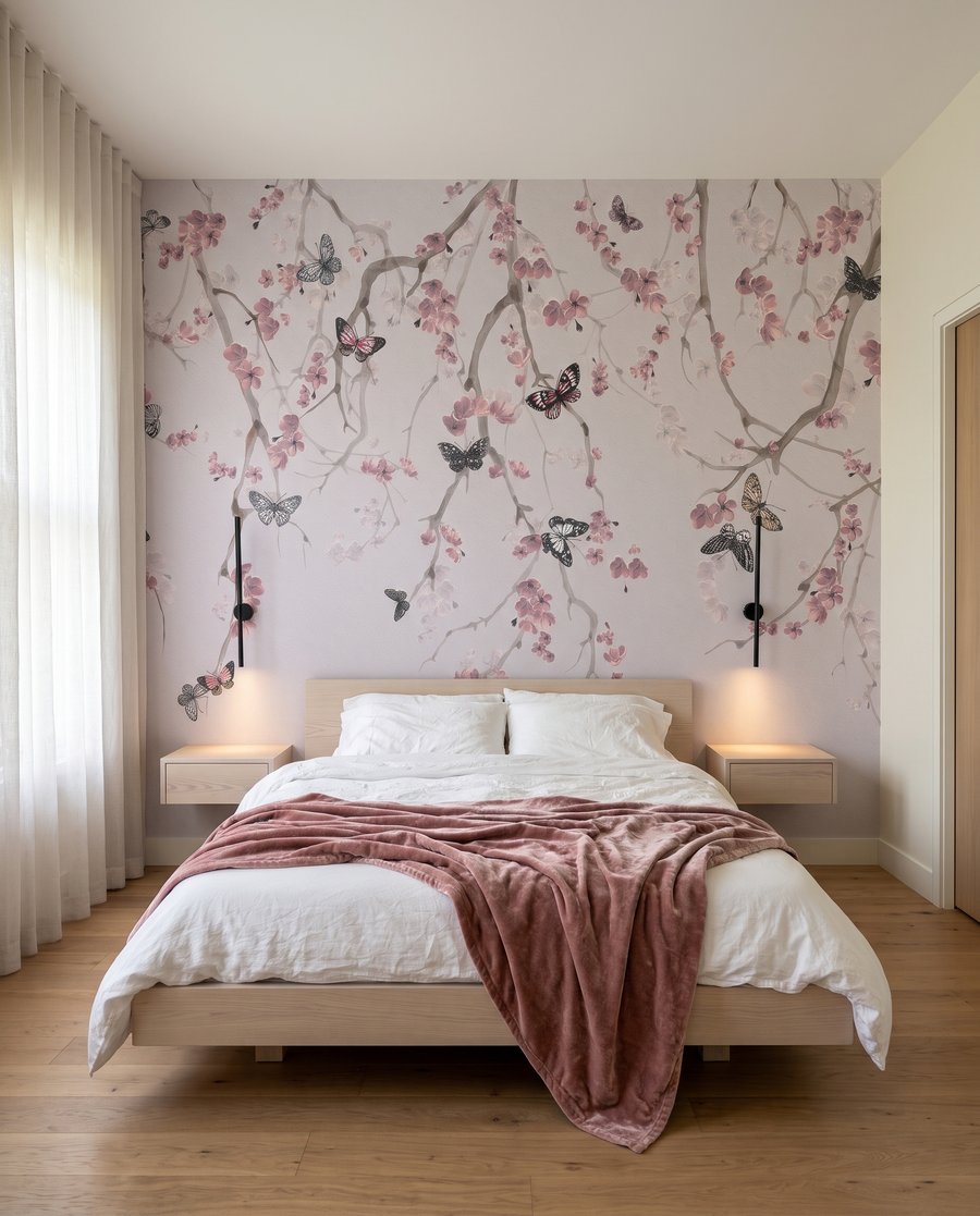 Mariposas bajo flores rosas en un interior