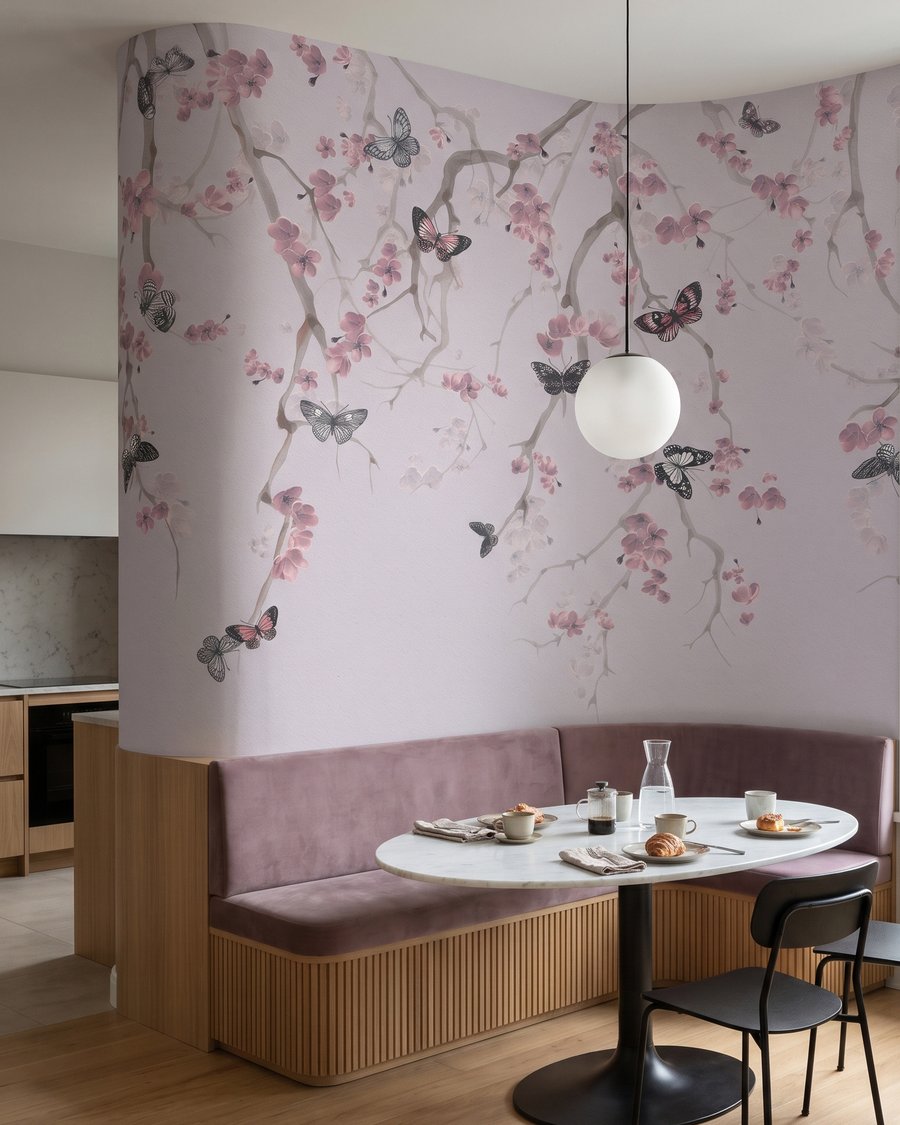 Mariposas bajo flores rosas en un interior