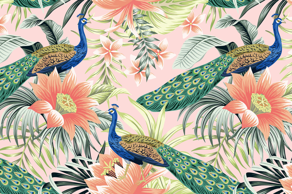 Pavos reales entre flores — diseño completo