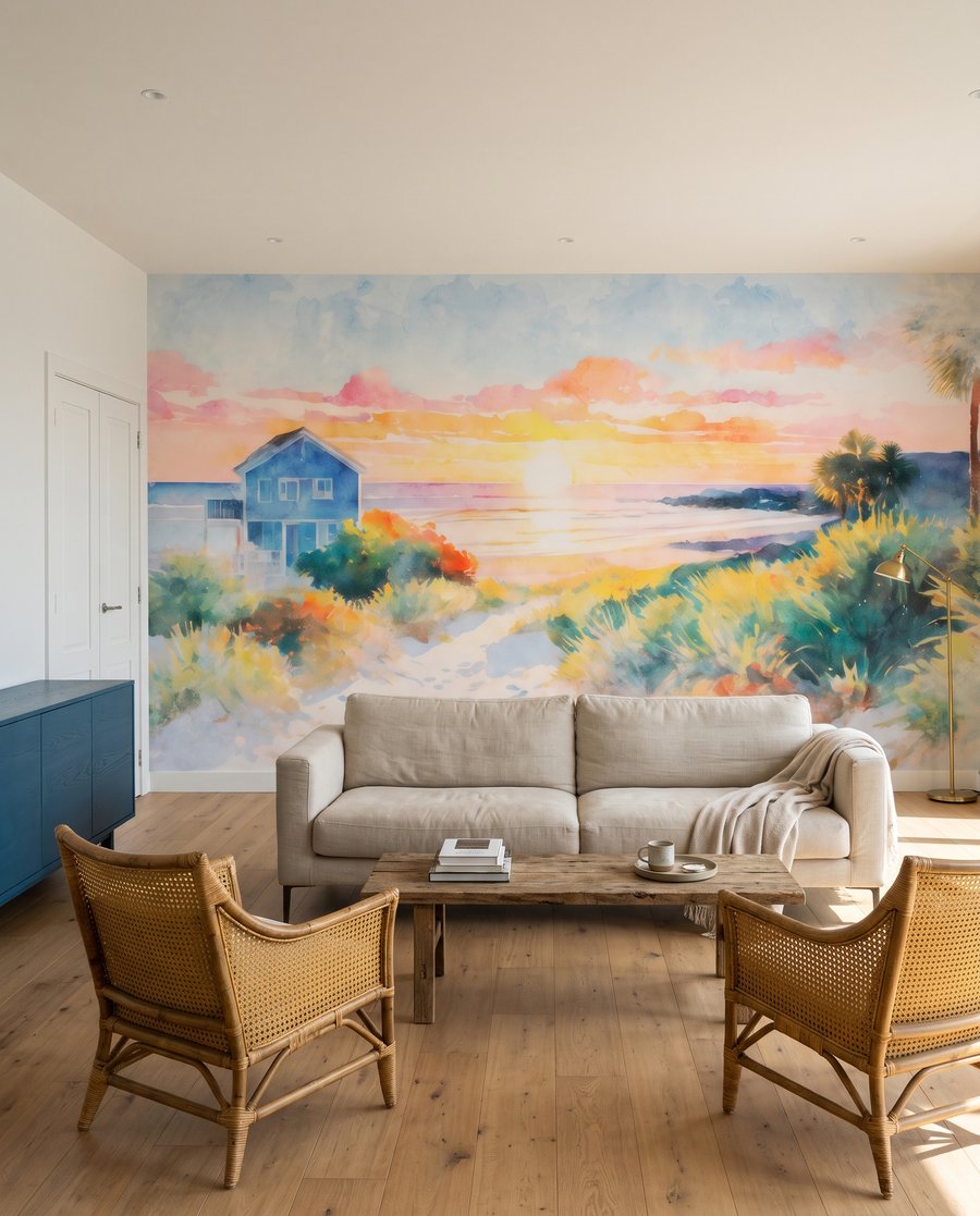 Casa azul de playa en un interior
