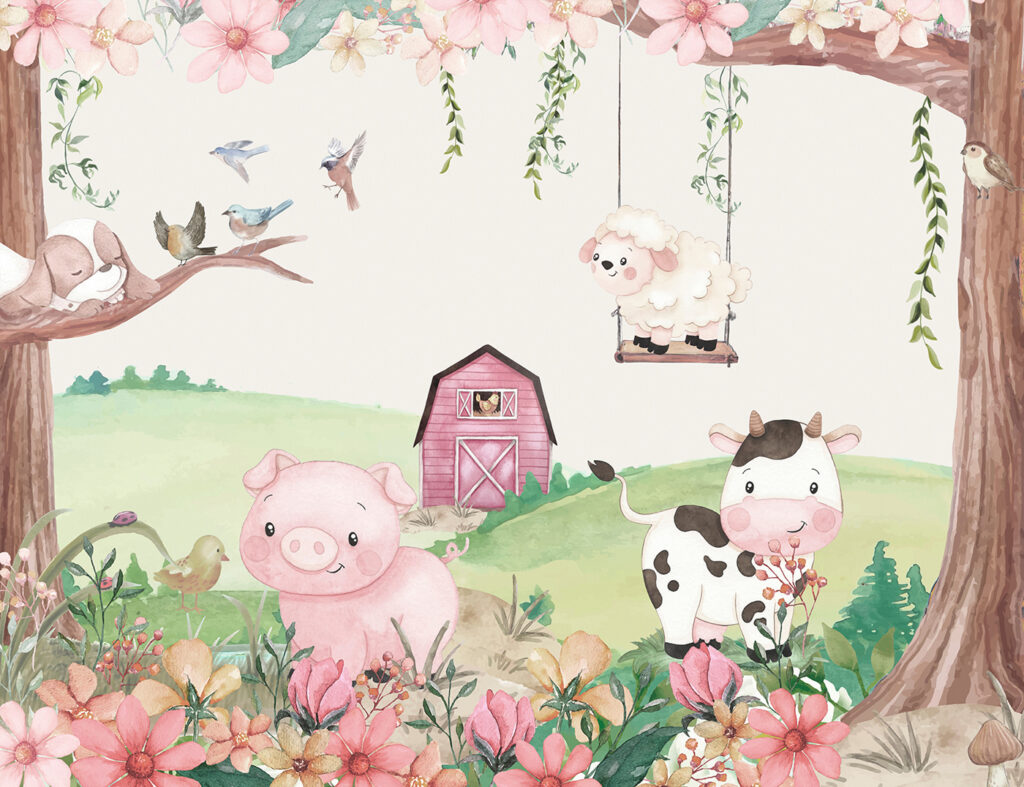 Granja bajo flores rosas — diseño completo