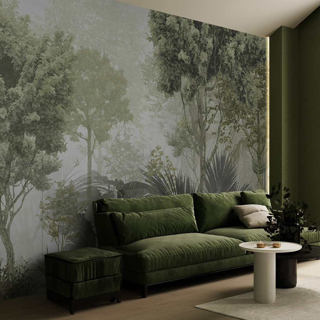 Bosque verde matinal en un interior