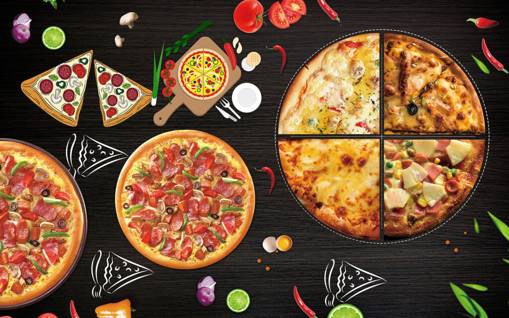 Pizzas sobre fondo oscuro — diseño completo
