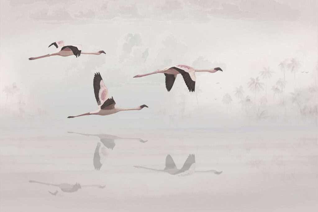 Flamencos sobre agua pálida — diseño completo