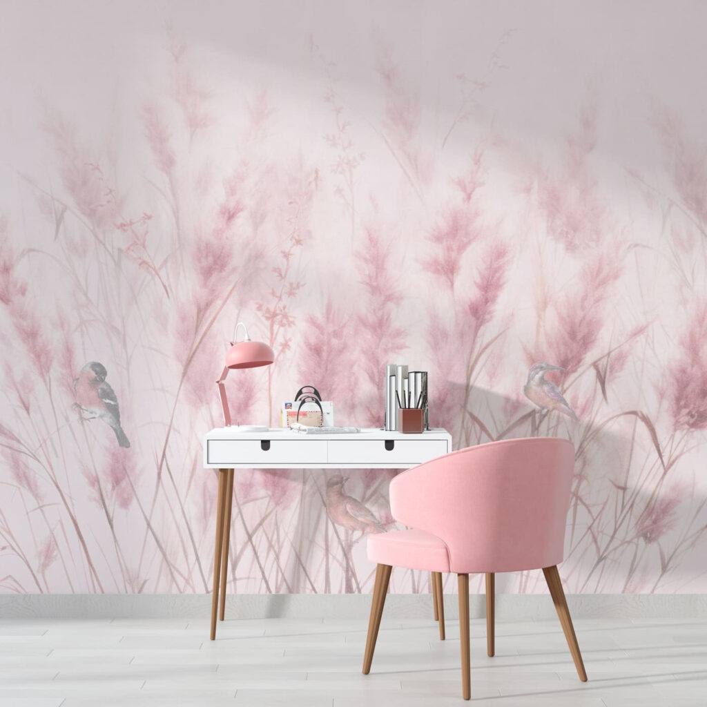 Penachos de hierba rosa en un interior