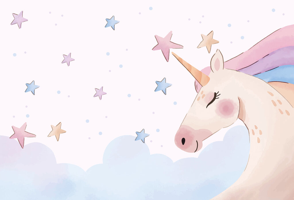 Unicornio con estrellas flotantes — diseño completo