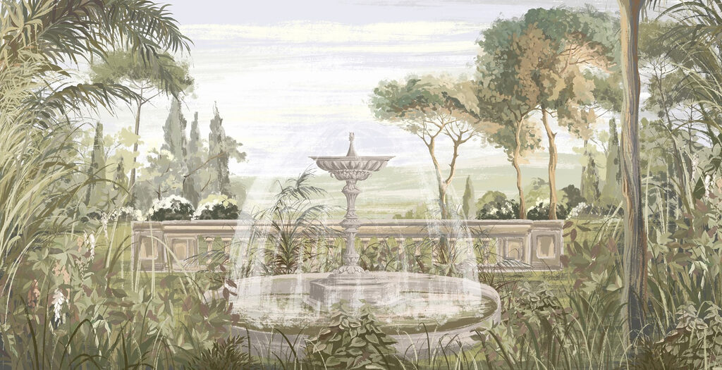 Fuente en jardín tropical — diseño completo